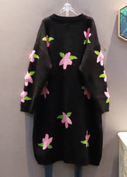 Italian Black O-Neck Floral Warm Knit Loose Cardigan Spring