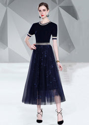 Italian Black O Neck Knit Tops And Tulle Skirts Embroidered  2 Piece Summer