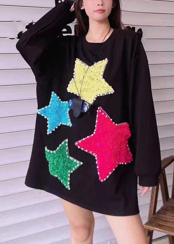 Italian Black O-Neck Nail Bead Patchwork Sweatshirts Spring