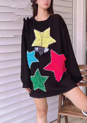 Italian Black O-Neck Nail Bead Patchwork Sweatshirts Spring