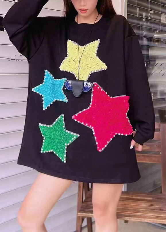 Italian Black O-Neck Nail Bead Patchwork Sweatshirts Spring