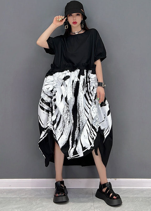 Italian Black O-Neck Patchwork Print Wrinkled Cotton Long Dress Short Sleeve