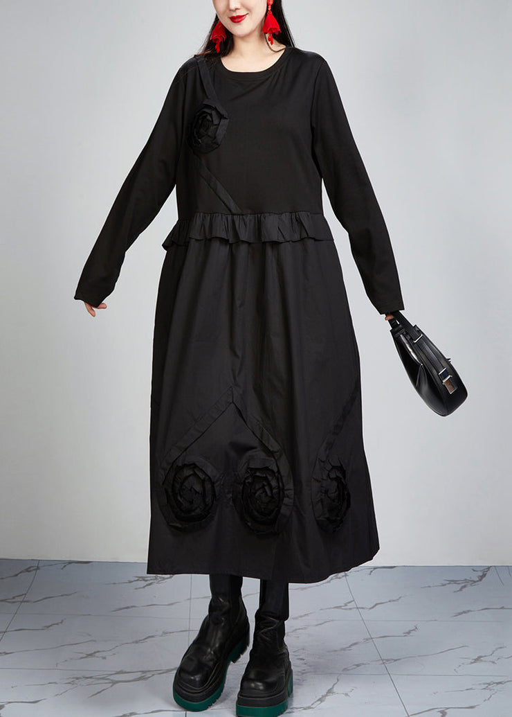 Italian Black O Neck Pockets Patchwork Cotton Dress Long Sleeve