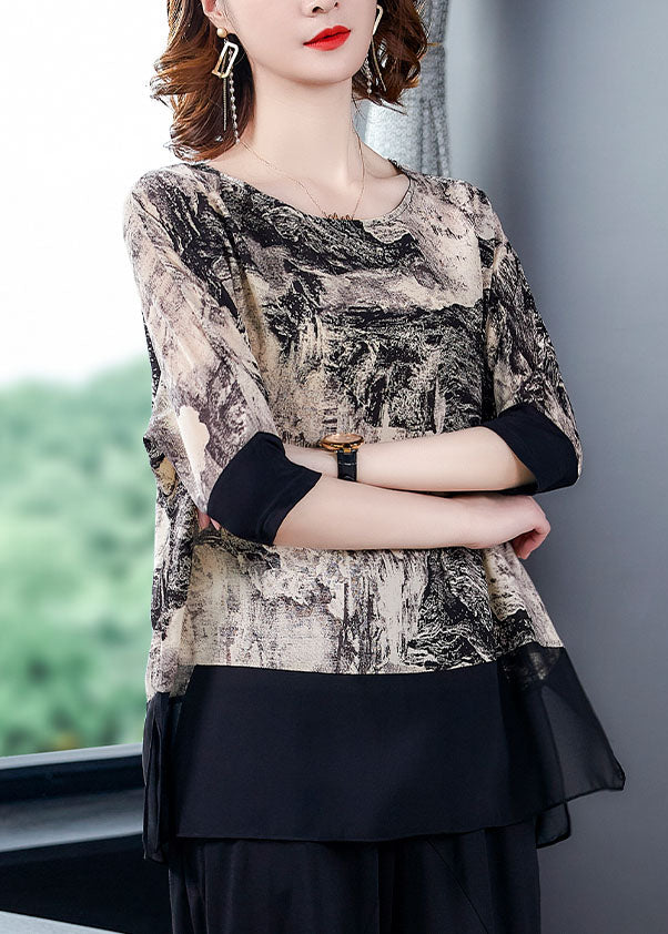 Italian Black O Neck Print Patchwork Chiffon T Shirt Top Summer