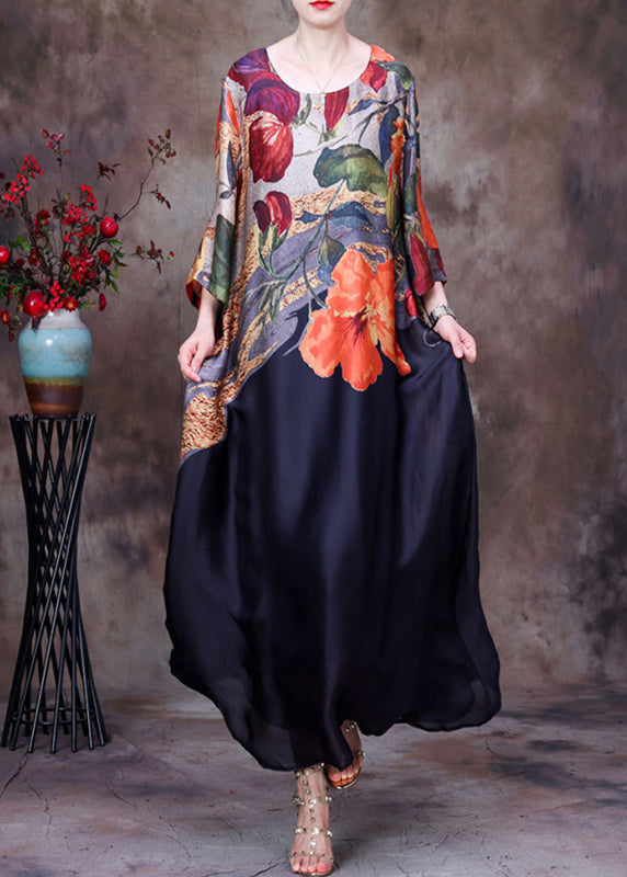 Italian Black O Neck Print Pockets Silk Long Dress Summer