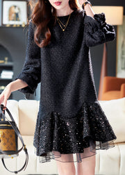 Italian Black O Neck Tulle Sequins Patchwork Dresses Spring