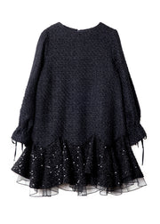 Italian Black O Neck Tulle Sequins Patchwork Dresses Spring