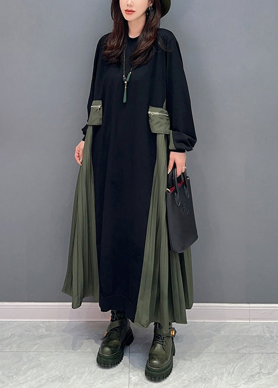 Italian Black O Neck Wrinkled Patchwork Cotton Long Dresses Fall