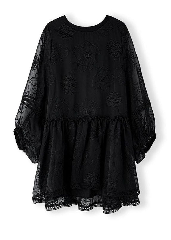 Italian Black O Neck Wrinkled Patchwork Lace Blouses Spring