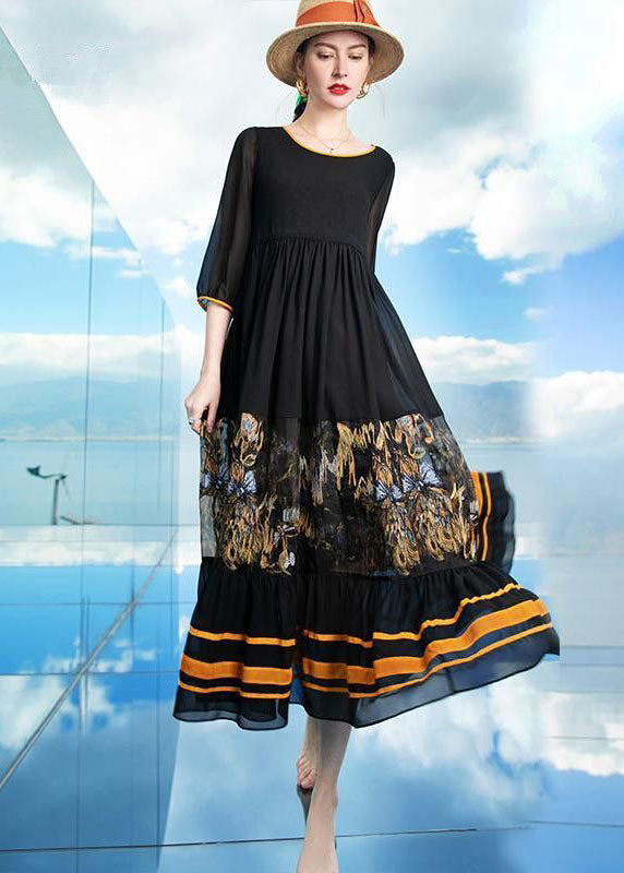 Italian Black O Neck Wrinkled Patchwork Print Silk Beach Holiday Dresses Summer