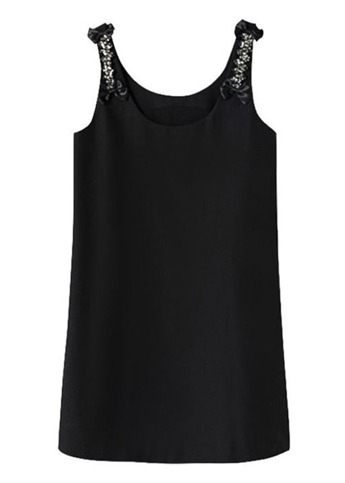 Italian Black O-Neck Zircon Patchwork Cotton Mid Dress Sleeveless