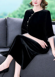 Italian Black Oversized Patchwork Silk Velour Long Dress Half Sleeve