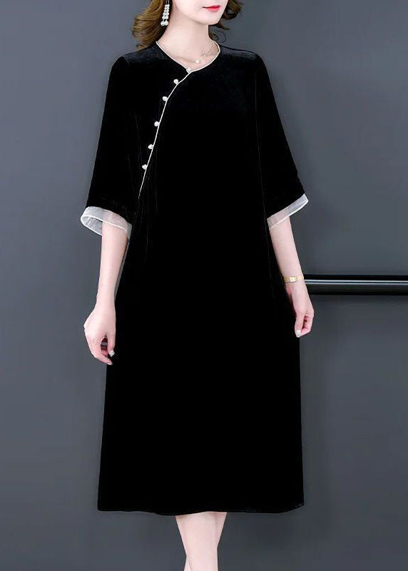 Italian Black Oversized Patchwork Silk Velour Long Dress Half Sleeve