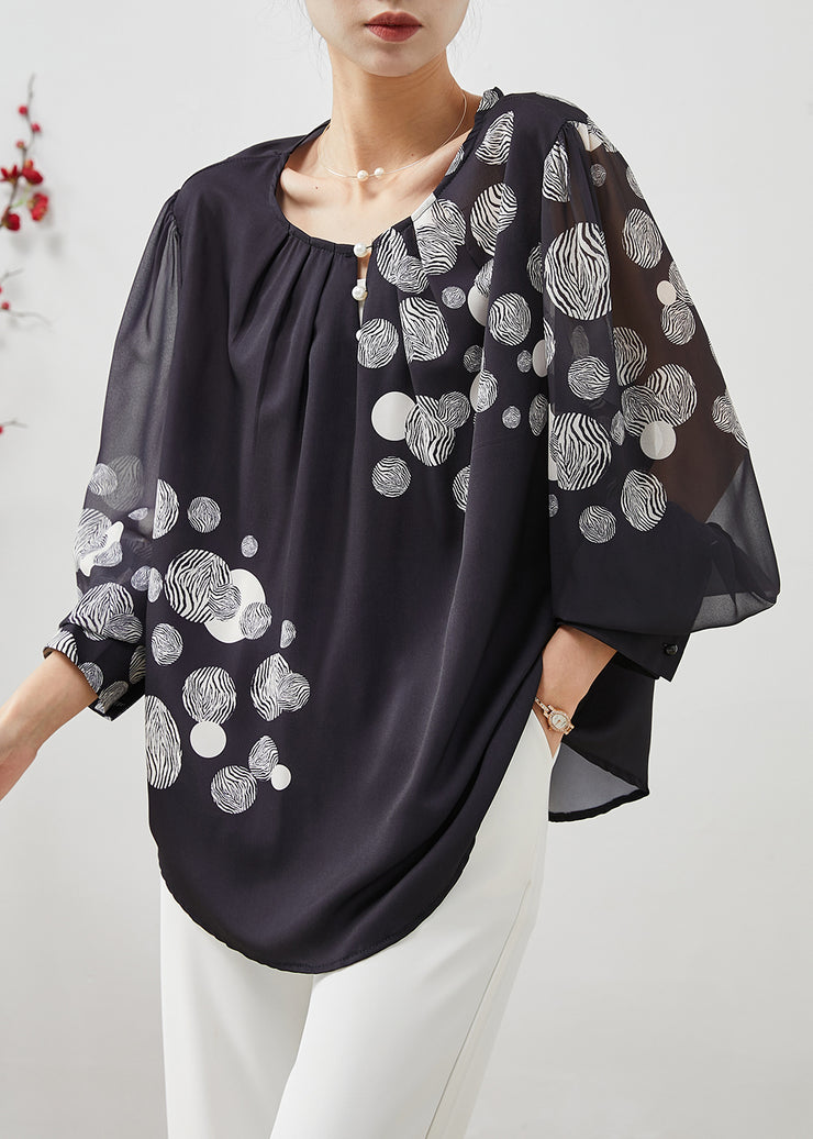 Italian Black Oversized Print Chiffon Top Lantern Sleeve