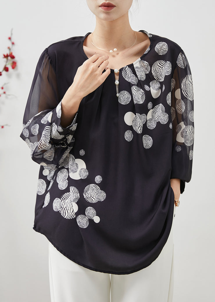 Italian Black Oversized Print Chiffon Top Lantern Sleeve