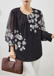 Italian Black Oversized Print Chiffon Top Lantern Sleeve