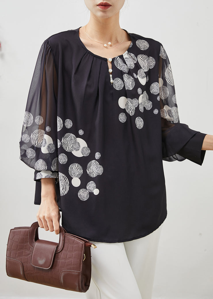 Italian Black Oversized Print Chiffon Top Lantern Sleeve