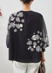 Italian Black Oversized Print Chiffon Top Lantern Sleeve