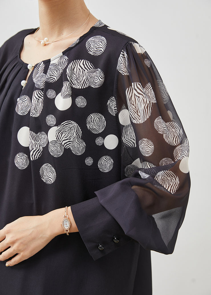 Italian Black Oversized Print Chiffon Top Lantern Sleeve