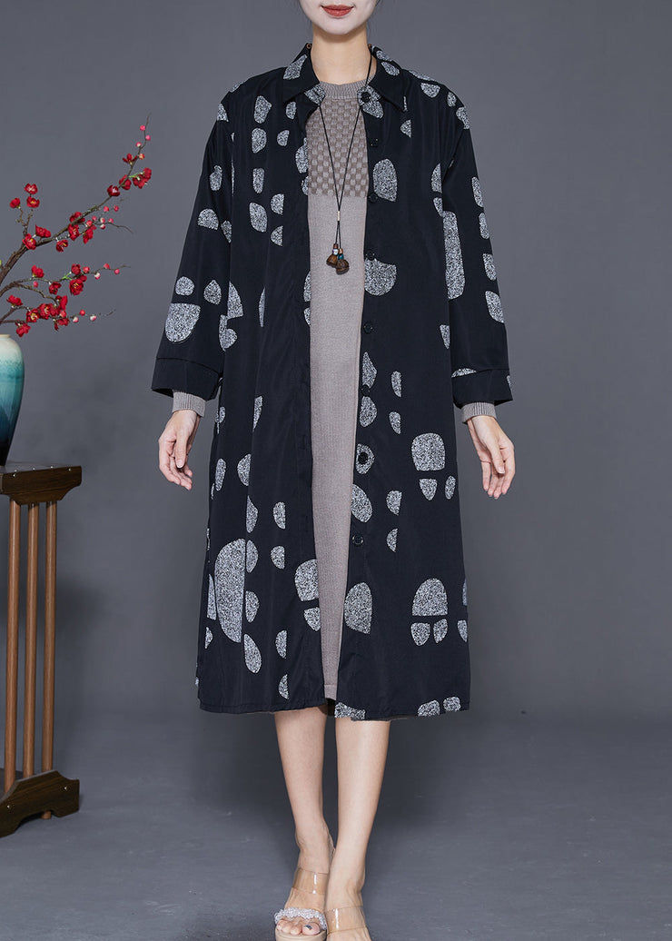 Italian Black Oversized Print Cotton Coat Outwear Fall