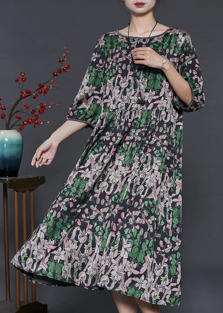 Italian Black Oversized Print Silk Maxi Dresses Summer