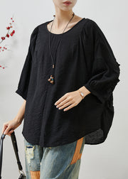 Italian Black Oversized Ruffles Cotton Shirt Summer