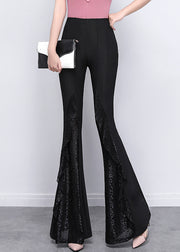 Italian Black Patchwork Lace Tummy Control Spandex Flared Trousers Spring