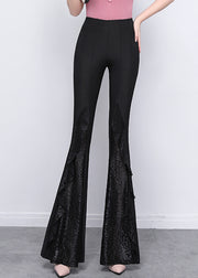 Italian Black Patchwork Lace Tummy Control Spandex Flared Trousers Spring