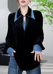 Italian Black Peter Pan Collar Denim Patchwork Velour Shirt Tops Fall