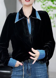 Italian Black Peter Pan Collar Denim Patchwork Velour Shirt Tops Fall