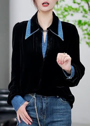 Italian Black Peter Pan Collar Denim Patchwork Velour Shirt Tops Fall