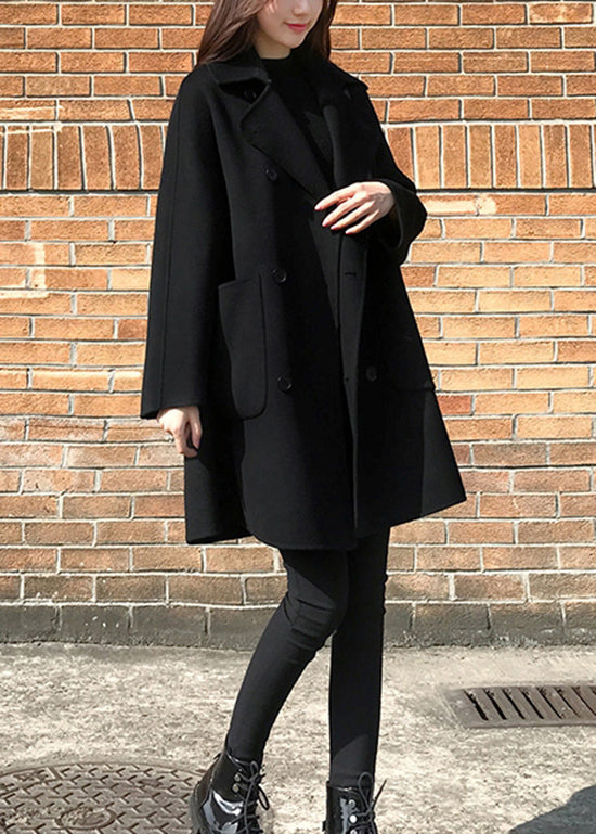 Italian Black Peter Pan Collar Pockets Patchwork Woolen Coats Fall