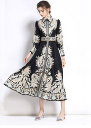 Italian Black Peter Pan Collar Print Silk Shirt Dresses Fall