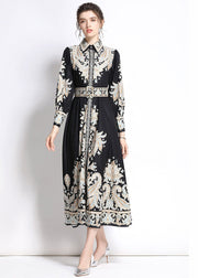 Italian Black Peter Pan Collar Print Silk Shirt Dresses Fall