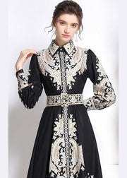 Italian Black Peter Pan Collar Print Silk Shirt Dresses Fall