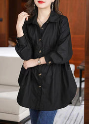 Italian Black Peter Pan Collar Wrinkled Patchwork Cotton Shirts Fall