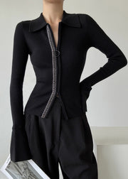 Italian Black Peter Pan Collar Zip Up Patchwork Woolen Sweaters Winter