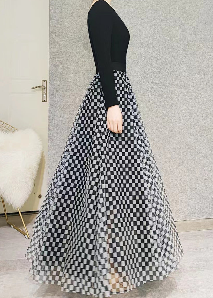 Italian Black Plaid High Waist Exra Large Hem Tulle Skirt Spring