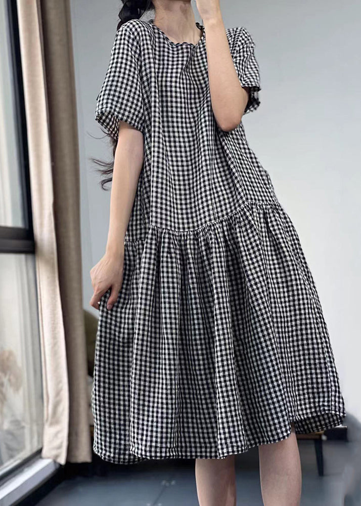 Italian Black Plaid O Neck Pockets Cotton Dresses Summer