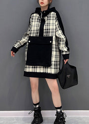 Italian Black Plaid Patchwork Button Hooded Sweatshirt Winter