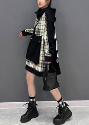 Italian Black Plaid Patchwork Button Hooded Sweatshirt Winter