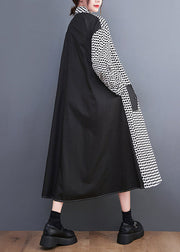 Italian Black Plaid Peter Pan Collar Drawstring Button Holiday Maxi Shirts Dress Fall