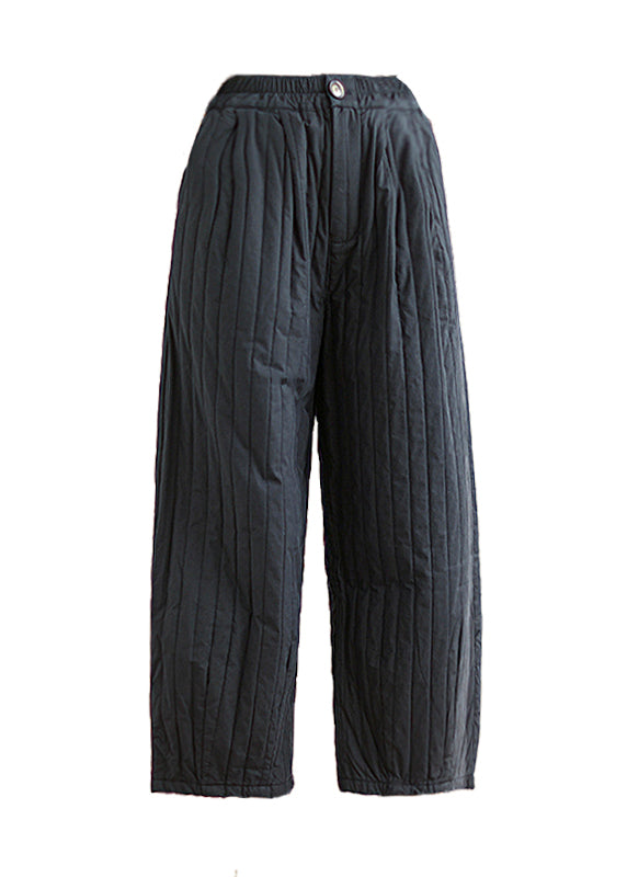 Italian Black Pockets Elastic Waist Fine Cotton Filled Straight Pants Winter