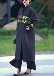 Italian Black Pockets Patchwork Woolen Long Coats Winter