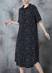 Italian Black Print Draping Chiffon Shirt Dresses Summer