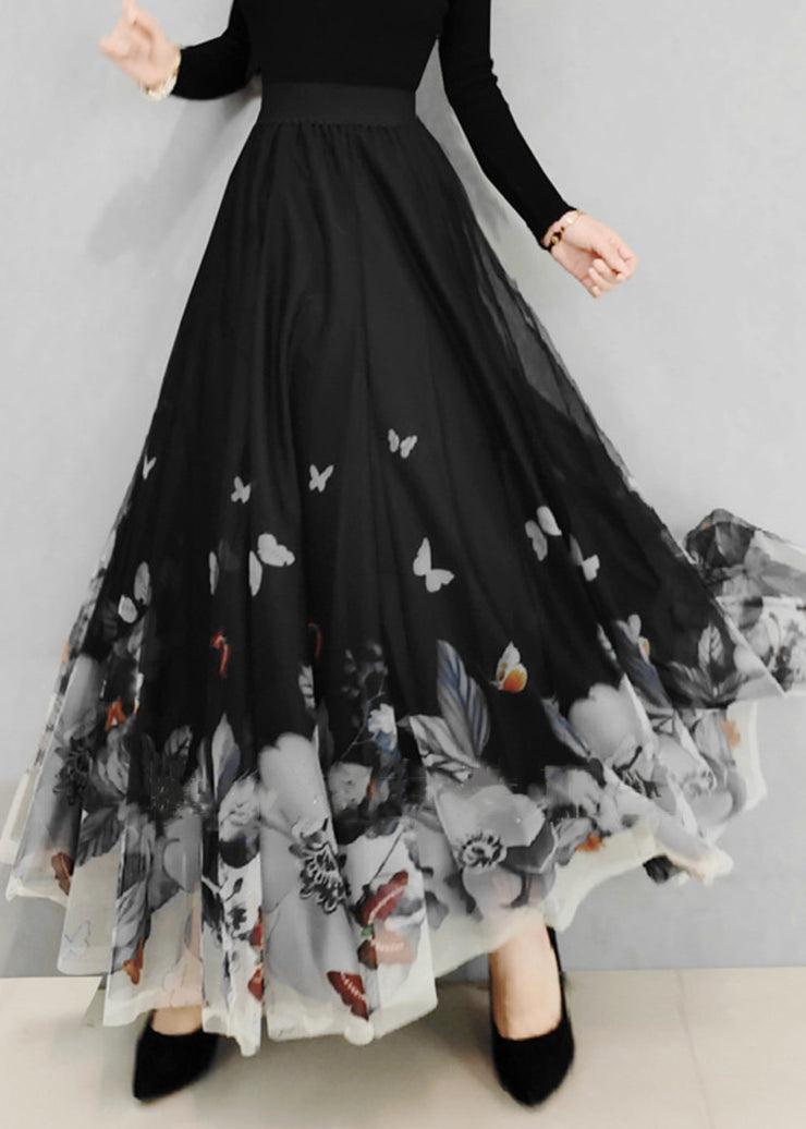 Italian Black Print Elastic Waist Tulle Skirt Spring