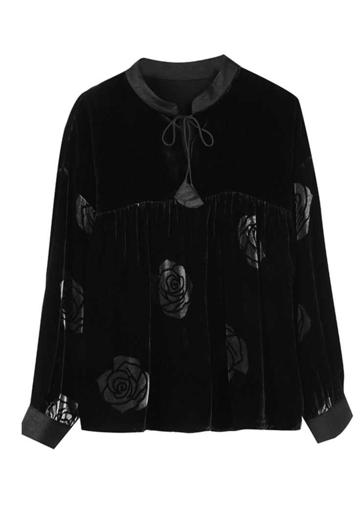 Italian Black Print Lace Up Silk Velour Shirts Top Spring