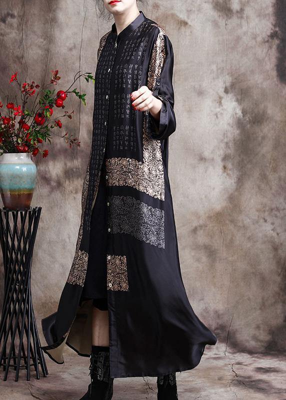 Italian Black Print Long Silk Dress Spring Cardigan - SooLinen