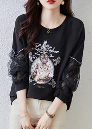 Italian Black Print Tulle Patchwork Sweatshirts Top Fall