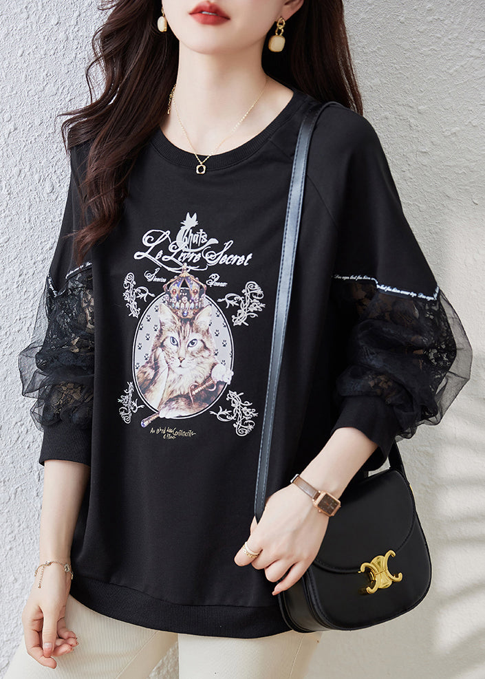 Italian Black Print Tulle Patchwork Sweatshirts Top Fall